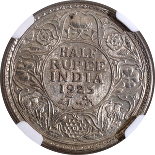 Very Rare NGC MS 61 Graded Silver Half Rupee Coin of King George V of Bombay Mint of 1923.