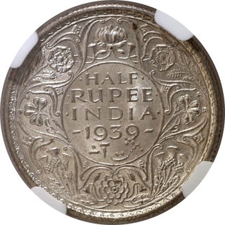 Rare NGC MS 64 Graded Silver Half Rupee Coin of King George VI of Calcutta Mint of 1939.