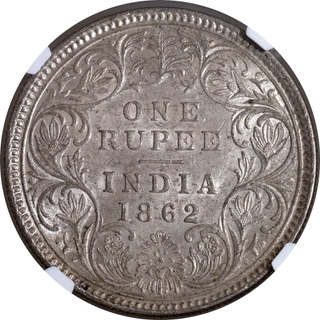 Rare NGC MS 62 Graded Silver One Rupee Coin of Victoria Queen of Calcutta Mint of 1862.