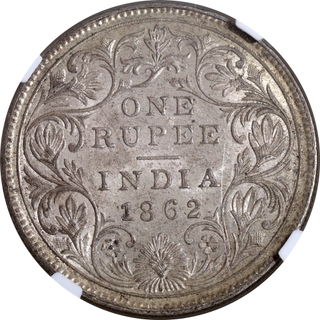 Very Scarce NGC MS 61 Graded Silver One Rupee Coin of Victoria Queen of Calcutta Mint of 1862.