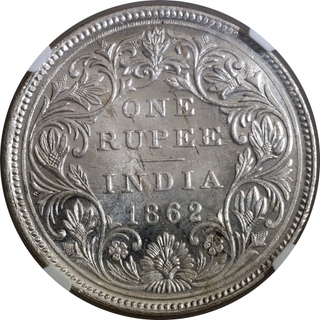 Very Rare NGC MS 63 Graded Silver One Rupee Coin of Victoria Queen of Madras Mint of 1862.