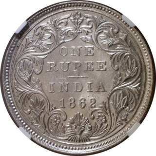 Very Rare NGC MS 62 Graded Silver One Rupee Coin of Victoria Queen of Madras Mint of 1862.