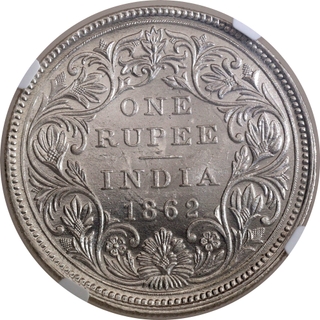 Very Rare NGC MS 63 Graded Silver One Rupee Coin of Victoria Queen of Madras Mint of 1862.