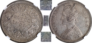 Extremely Rare NGC AU 58 Graded 1862 Silver One Rupee Coin of Victoria Queen of Bombay Mint.