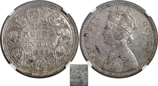 Exceedingly Rare Unlisted NGC AU 58 Graded Silver One Rupee Coin of Victoria Queen of Bombay Mint of 1862.