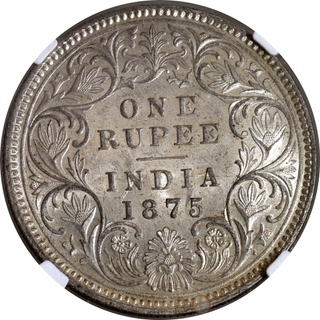 Rare NGC MS 63 Graded Silver One Rupee Coin of Victoria Queen of Calcutta Mint of 1875.