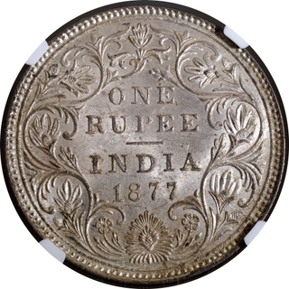 Scarce NGC MS 61 Graded Silver One Rupee Coin of Victoria Empress of Bombay Mint of 1877.