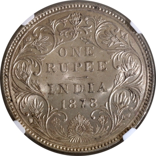 Rare NGC MS 62 Graded Silver One Rupee Coin of Victoria Empress of Bombay Mint of 1878.