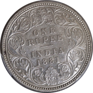 Very Rare PCGS AU 55 Graded Silver One Rupee Coin of Victoria Empress of Calcutta Mint of 1881.