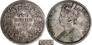 Exceedingly Rare 1882 (2 over 1) Silver One Rupee Coin of Victoria Empress of Calcutta Mint of 1882.