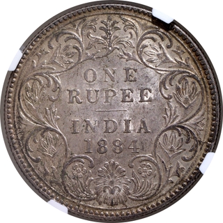 Scarce NGC MS 61 Graded Silver One Rupee Coin of Victoria Empress of Bombay Mint of 1884.