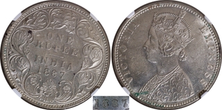 Extremely Rare NGC MS 62 Graded 1887 (7 over 6) Silver One Rupee Coin of Victoria Empress of Bombay Mint.