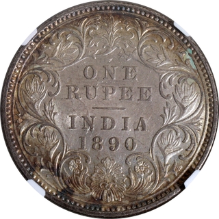 Scarce NGC MS 62 Graded Silver One Rupee Coin of Victoria Empress of Calcutta Mint of 1890.