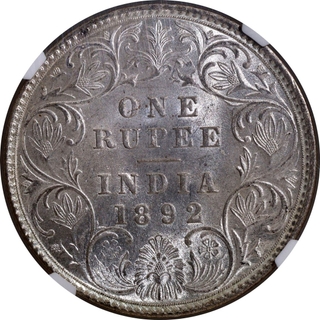 Extremely Rare Top Pop NGC MS 64 Graded Silver One Rupee Coin of Victoria Empress of Bombay Mint of 1892.