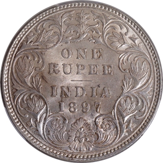 Extremely Rare PCGS AU 58 Graded 1897 Silver One Rupee Coin of Victoria Empress of Bombay Mint.