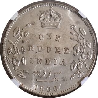 NGC MS 62 Graded Silver One Rupee Coin of King Edward VII of Bombay Mint of 1906.