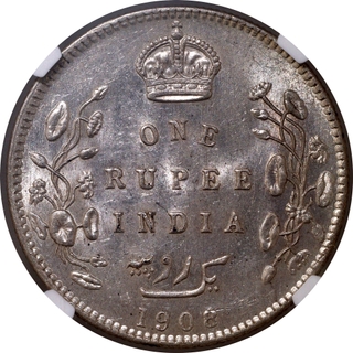 NGC AU 58 Graded Silver One Rupee Coin of King Edward VII of Bombay Mint of 1908.