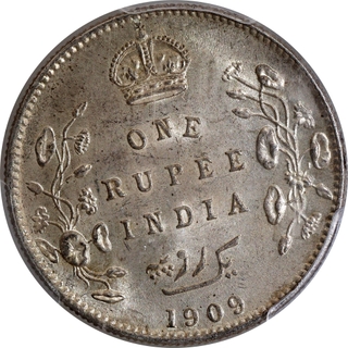 Rare PCGS MS 63 Graded Silver One Rupee Coin of King Edward VII of Calcutta Mint of 1909.