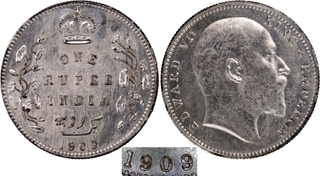 Rare 1909 (9 over 8) Silver One Rupee Coin of Bombay Mint of King Edward VII.