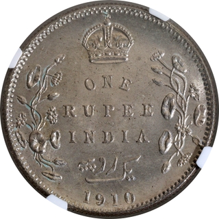 Very Rare NGC MS 64 Graded Silver One Rupee Coin of King Edward VII of Calcutta Mint of 1910.