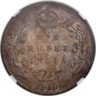 Very Rare NGC MS 64 Graded Silver One Rupee Coin of King Edward VII of Bombay Mint of 1910.