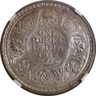 NGC MS 63 Graded Silver One Rupee Coin of King George V of Bombay Mint of 1912.