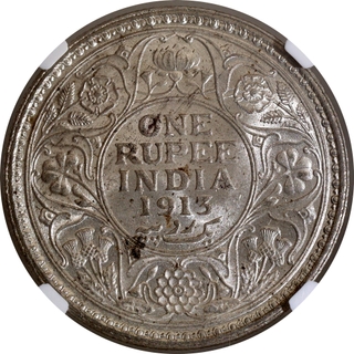 Scarce NGC MS 63 Graded Silver One Rupee Coin of King George V of Calcutta Mint of 1913.