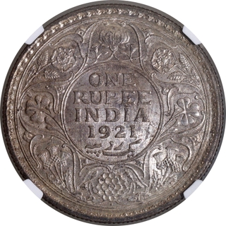 Rare Date NGC MS 63 Graded Silver One Rupee Coin of King George V of Bombay Mint of 1921.