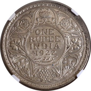 Rare Date 1922 NGC MS 61 Graded Silver One Rupee Coin of King George V of Bombay Mint.