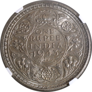 Scarce NGC MS 63 Graded Silver One Rupee Coin of King George VI of Bombay Mint of 1943.