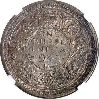 Very Rare Large Five NGC AU 58 Graded Silver One Rupee Coin of King George VI of Lahore Mint of 1945.