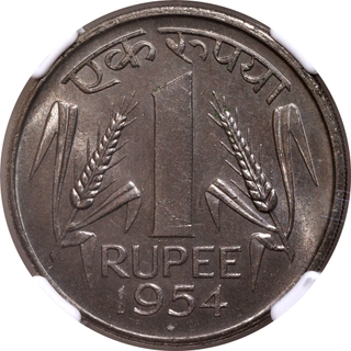  NGC Graded Copper Nickel One Rupee Coin of 1954 Republic India of Bombay Mint. 