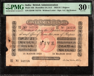 PMG Graded Uniface Five Rupees Banknote of King George V of 1922 Signed by A C McWatters.