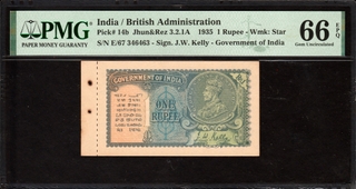 PMG Graded One Rupee Banknote of British India King George V of 1935 Signed by J W Kelly.