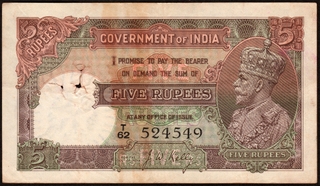 Five Rupees Banknote of British India King George V of 1934 Signed by J W Kelly.