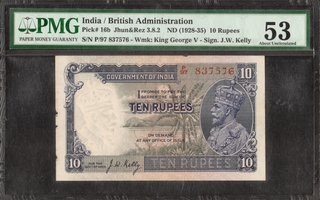 PMG Graded Ten Rupees Banknote of King George V of 1935 of British India Signed by J W Kelly.