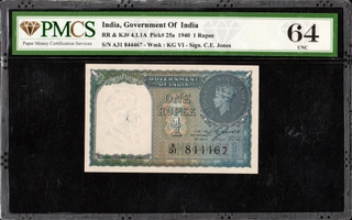 PMCS Graded One Rupee Banknote of King George VI of 1944 of British India Signed by C E Jones.