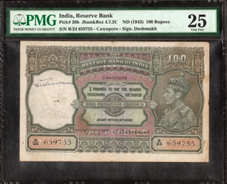 PMG Graded Hundred Rupees Banknote of King George VI of 1938 of British India Signed by C D Deshmukh of Cawnpore Circle.