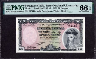 PMG Graded Sixty Escudos Banco Nacional Ultramarino of Portuguese India (Goa) of 1959.