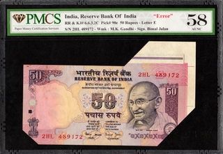 PMCS Graded Sheet Fold Cutting Error Fifty Rupees Banknote of 2001 of Republic India Signed by Bimal Jalan.