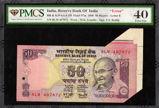 PMCS Graded Sheet Fold Cutting Error Fifty Rupees Banknote of 2008 of Republic India Signed by Y V Reddy.