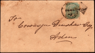 Steamer Cover of 1867 with Victoria Queen with 4 Annas Stamp with Diamond Seal Cancellation and India Paid sent to Aden.