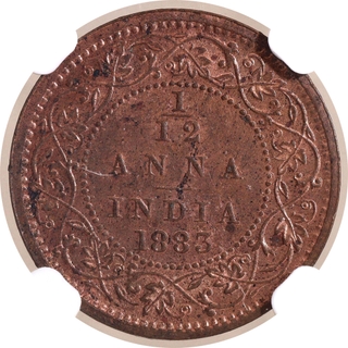 Rare NGC MS 62 RB Graded Copper One Twelfth Anna Coin of Victoria Empress of Bombay Mint of 1883.