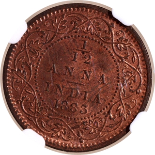 Very Rare NGC MS 64 RB Graded Copper One Twelfth Anna Coin of Victoria Empress of Bombay Mint of 1883.