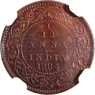 Very Rare NGC MS 62 BN Graded Copper One Twelfth Anna Coin of Victoria Empress of Bombay Mint of 1884.