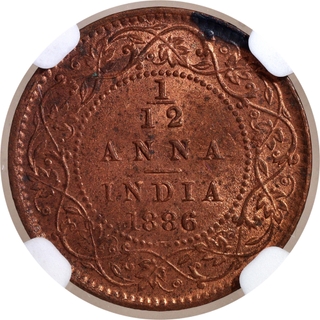 Scarce NGC MS 62 RB Graded Copper One Twelfth Anna Coin of Victoria Empress of Calcutta Mint of 1886.