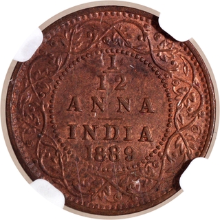 Scarce NGC MS 62 RB Graded Copper One Twelfth Anna Coin of Victoria Empress of Bombay Mint of 1889.