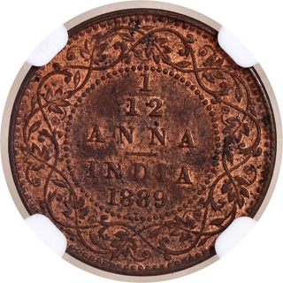 Scarce NGC MS 62 BN Graded Copper One Twelfth Anna Coin of Victoria Empress of Calcutta Mint of 1889.