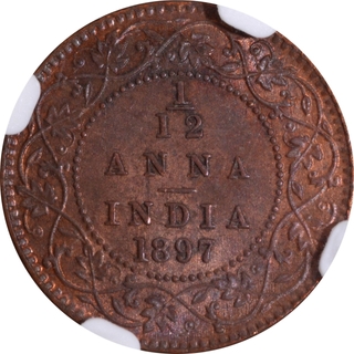 Very Rare Top Pop NGC MS 64 BN Copper One Twelfth Anna Coin of Victoria Empress of Calcutta Mint of 1897.