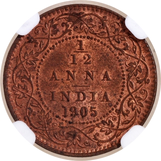 Scarce NCG MS 63 RB Graded Copper One Twelfth Anna Coin of King Edward VII of Calcutta Mint of 1905.